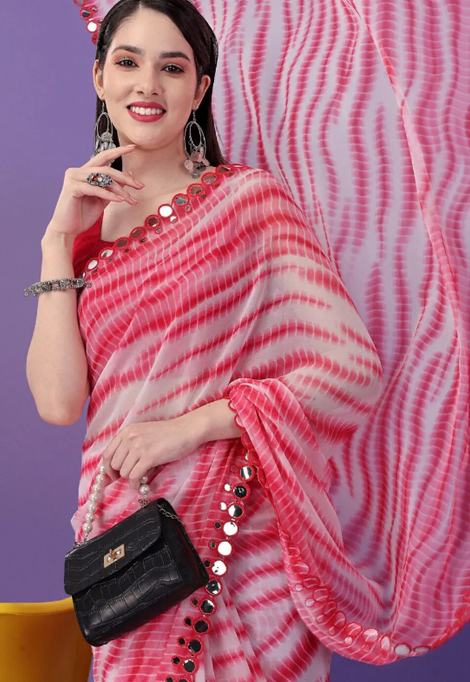 Tie Dye Printed Georgette Saree in Red