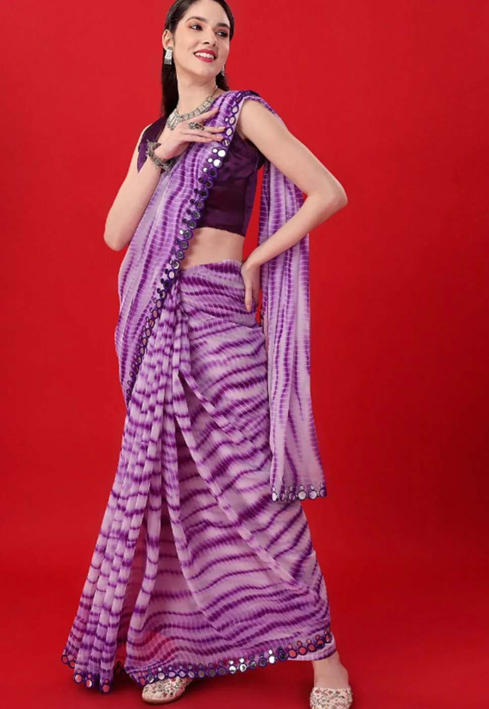 Tie Dye Printed Georgette Saree in Purple