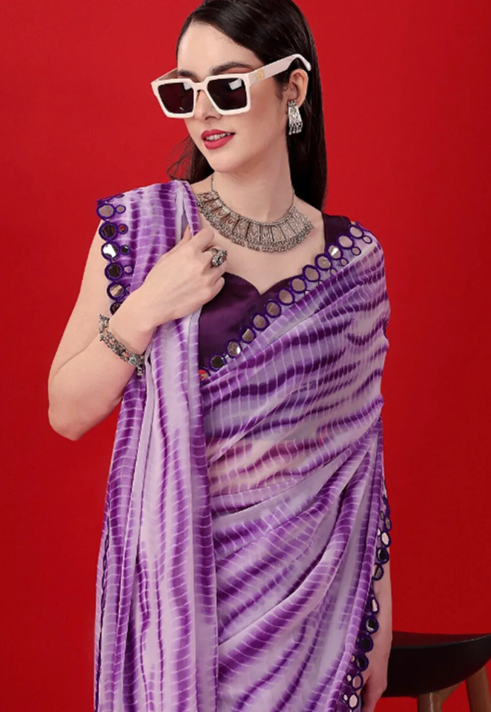 Tie Dye Printed Georgette Saree in Purple