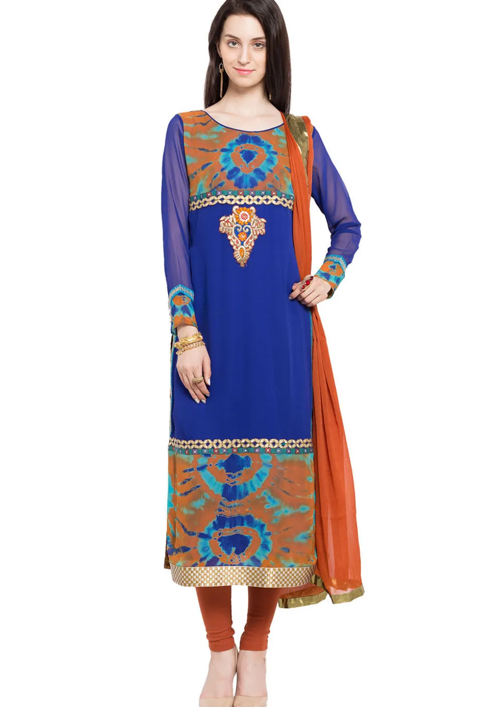 Tie Dye Printed Georgette Straight Suit in Blue