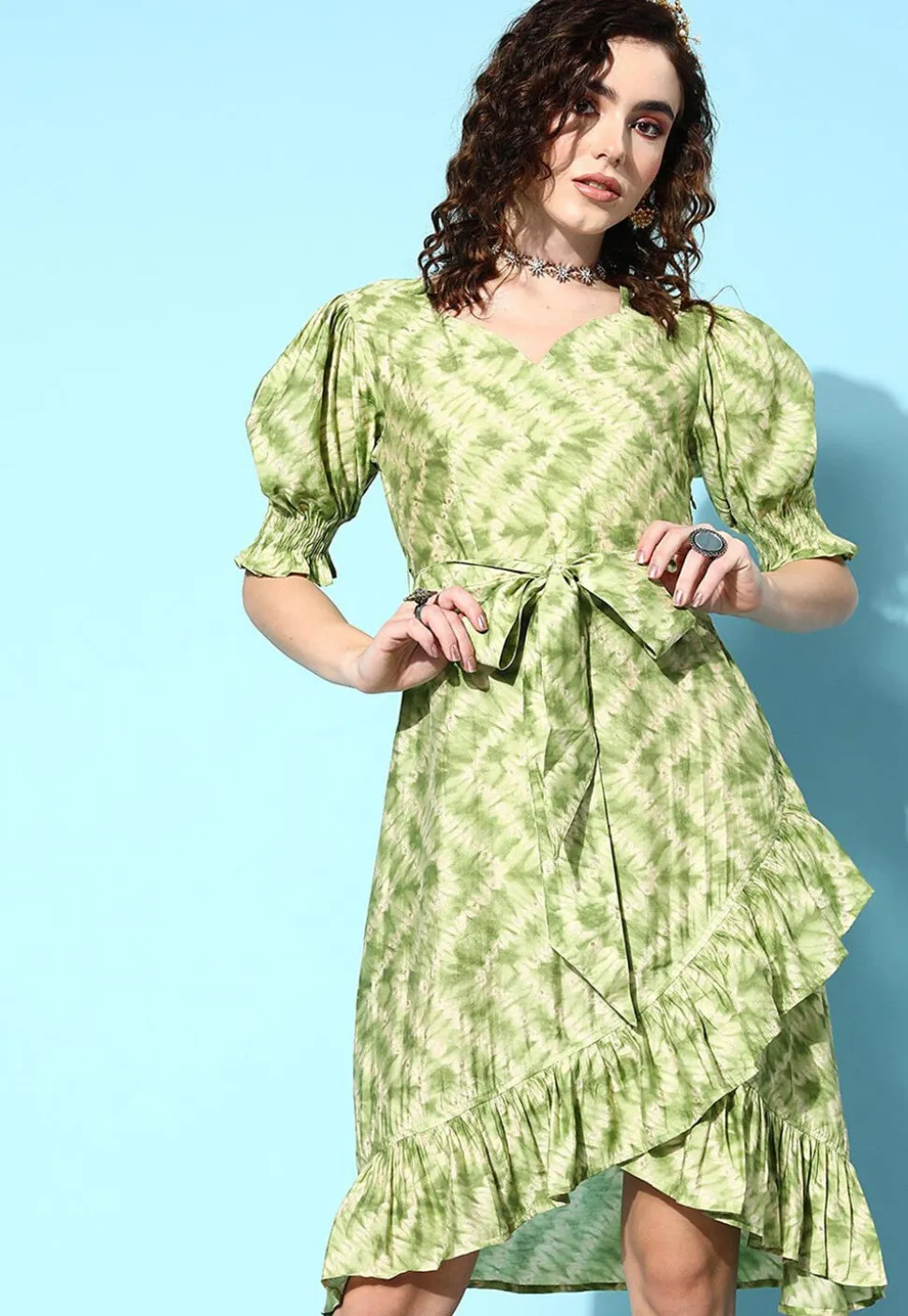 Tie Dye Printed Muslin Silk Fit N Flare Dress in Light Green