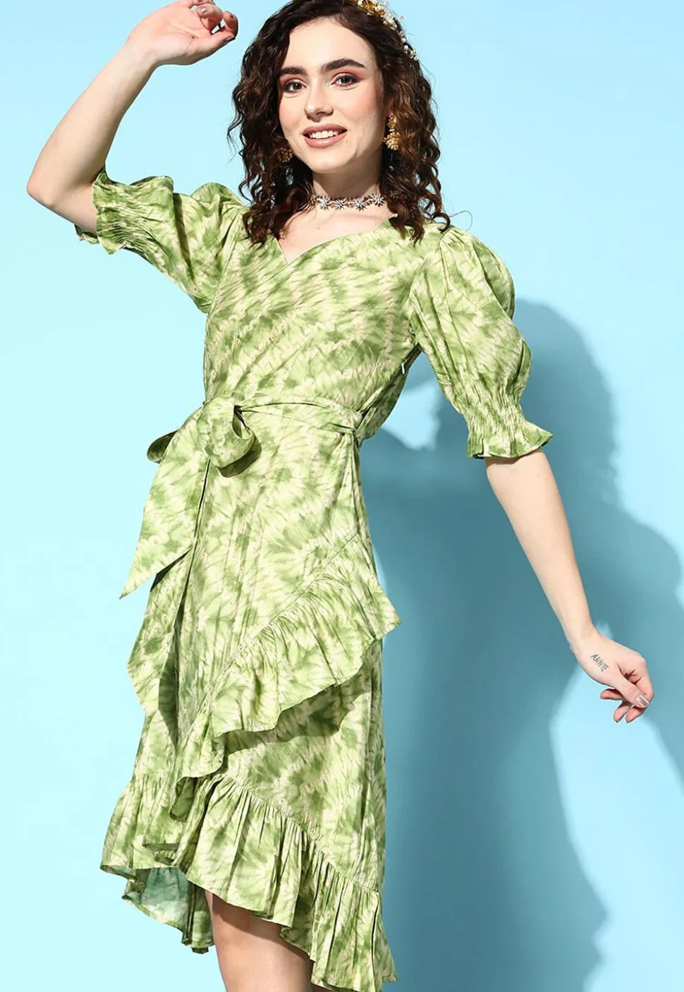 Tie Dye Printed Muslin Silk Fit N Flare Dress in Light Green