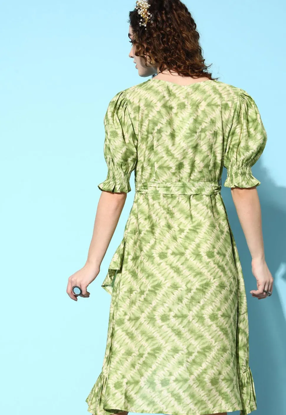 Tie Dye Printed Muslin Silk Fit N Flare Dress in Light Green