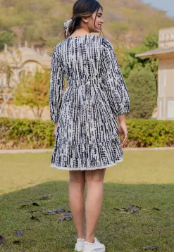 Tie Dye printed Pure Cotton Aline Dress in Black and White