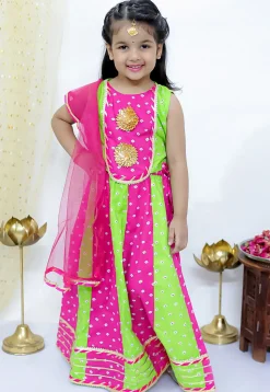 Tie Dye Printed Pure Cotton Lehenga in Light Green and Fuchsia