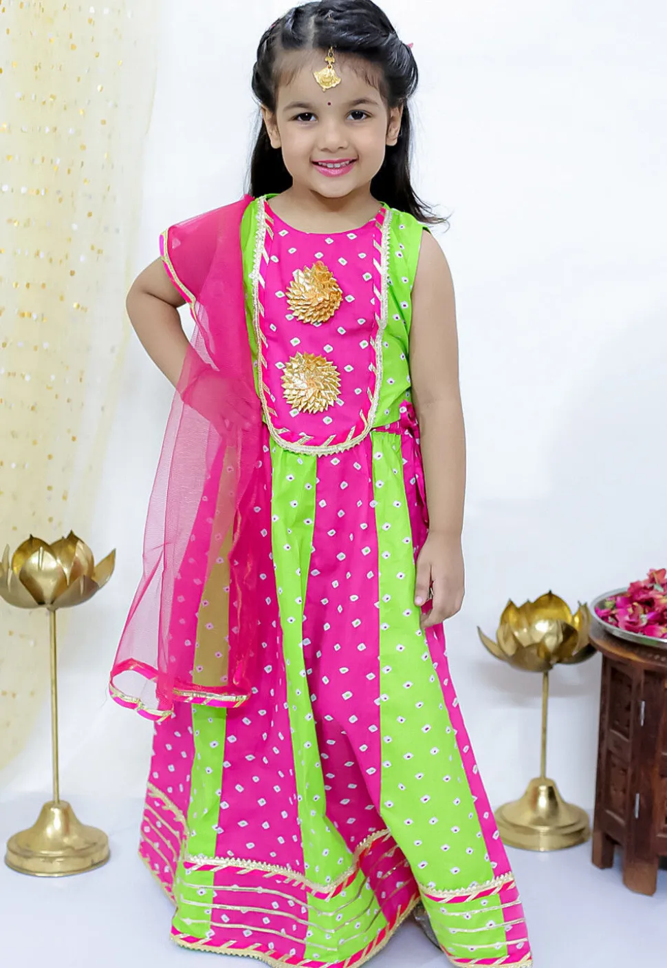 Tie Dye Printed Pure Cotton Lehenga in Light Green and Fuchsia