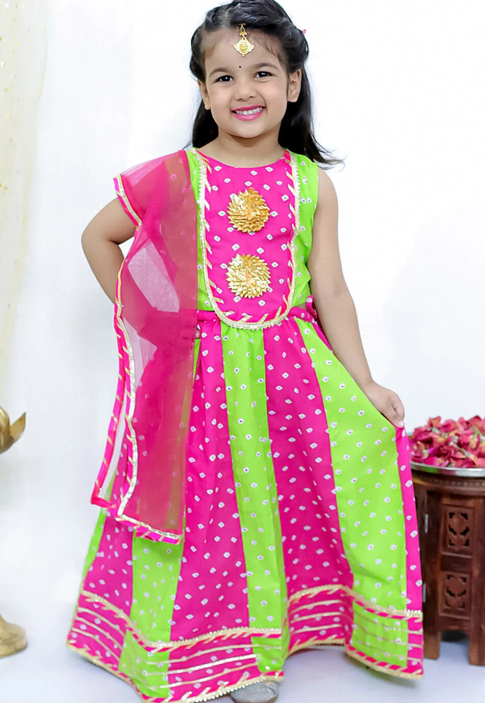 Tie Dye Printed Pure Cotton Lehenga in Light Green and Fuchsia
