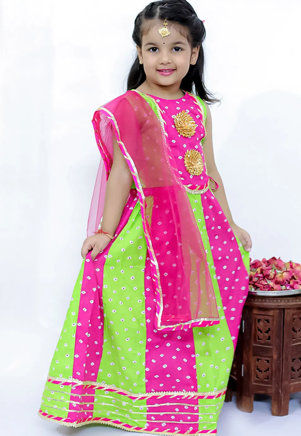 Tie Dye Printed Pure Cotton Lehenga in Light Green and Fuchsia