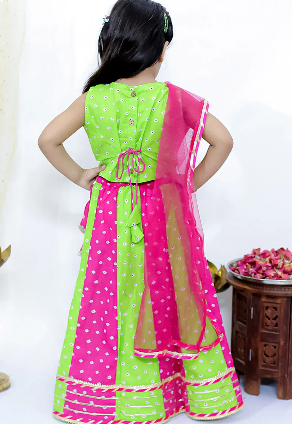 Tie Dye Printed Pure Cotton Lehenga in Light Green and Fuchsia