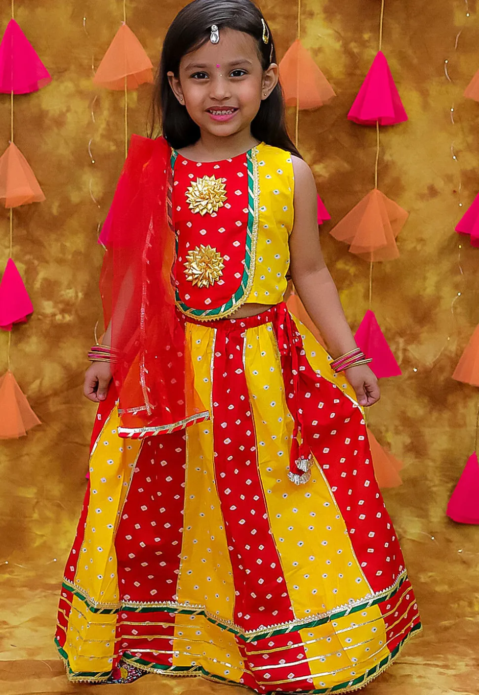 Tie Dye Printed Pure Cotton Lehenga in Yellow and Red
