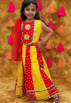 Tie Dye Printed Pure Cotton Lehenga in Yellow and Red