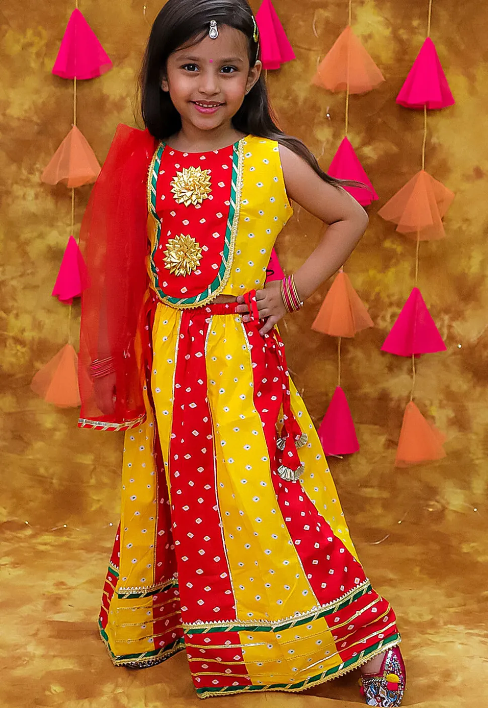 Tie Dye Printed Pure Cotton Lehenga in Yellow and Red
