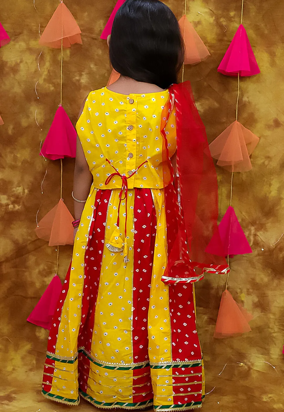 Tie Dye Printed Pure Cotton Lehenga in Yellow and Red