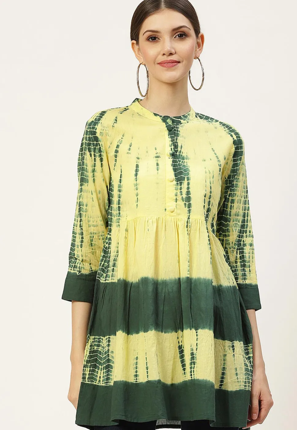 Tie Dye Printed Pure Cotton Tunic in Yellow and Dark Green
