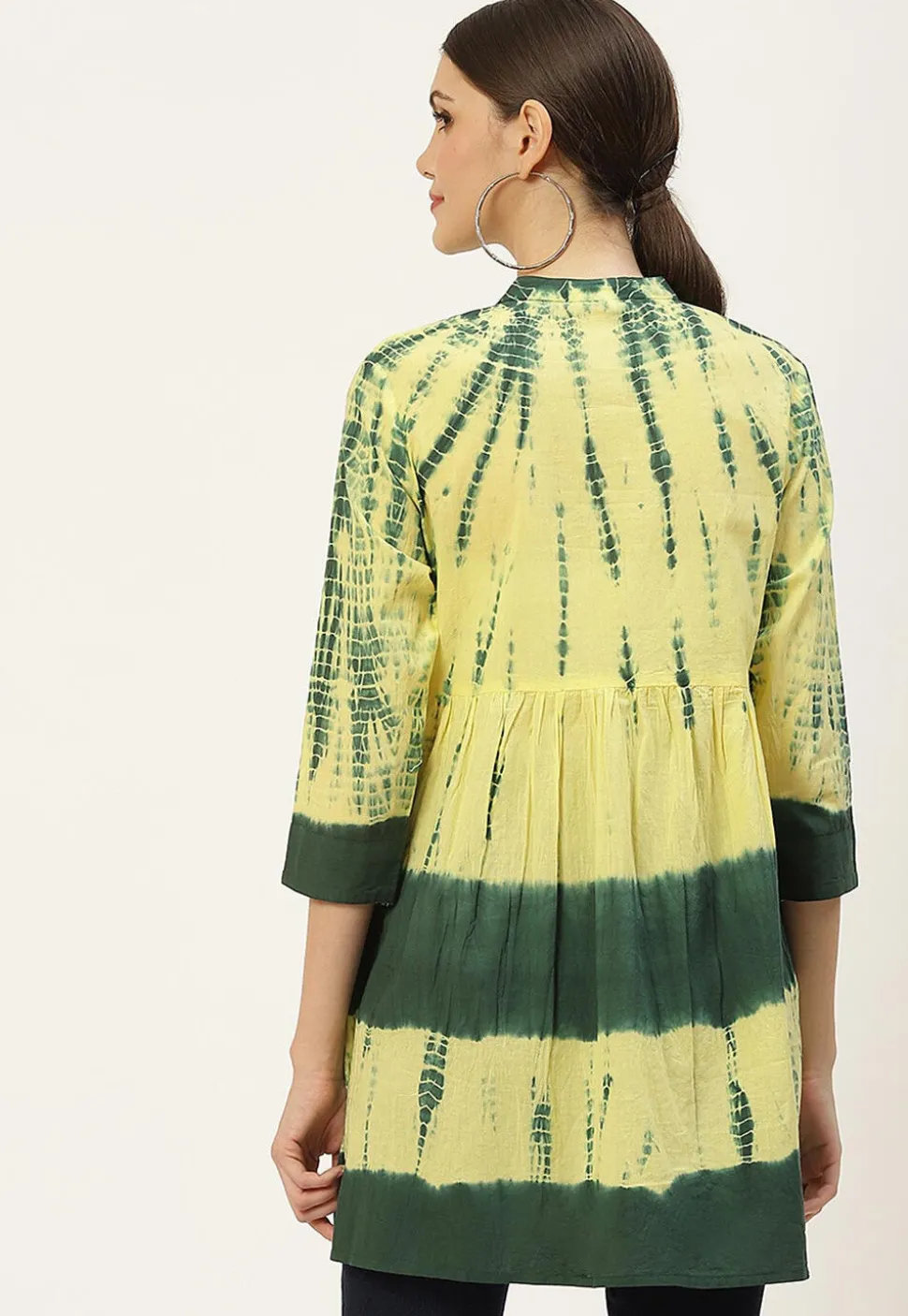 Tie Dye Printed Pure Cotton Tunic in Yellow and Dark Green