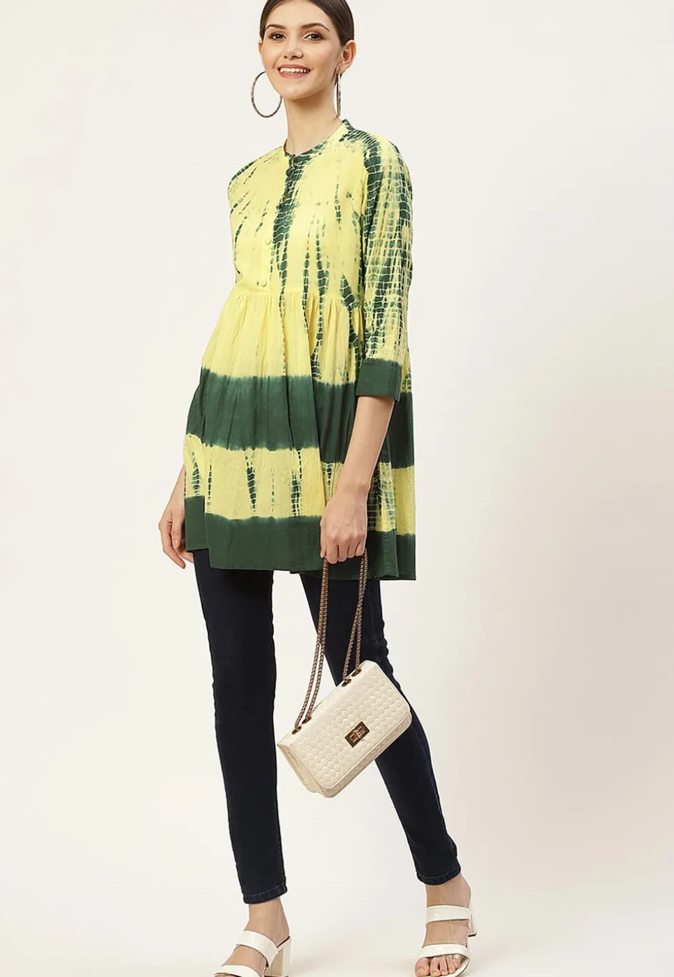 Tie Dye Printed Pure Cotton Tunic in Yellow and Dark Green