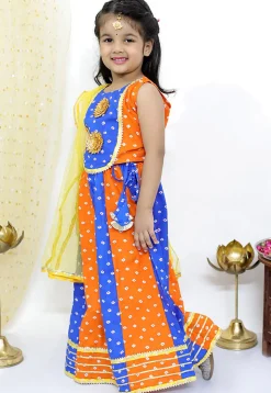 Tie Dye Printed Pure Cotton Lehenga in Orange and Blue