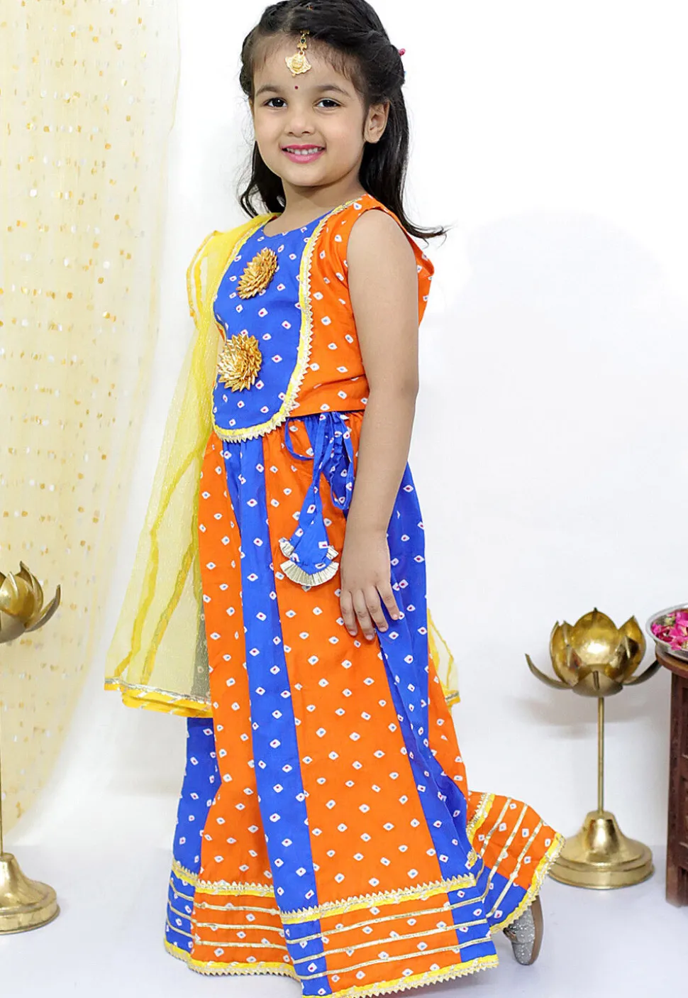 Tie Dye Printed Pure Cotton Lehenga in Orange and Blue