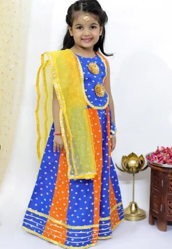 Tie Dye Printed Pure Cotton Lehenga in Orange and Blue