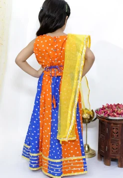 Tie Dye Printed Pure Cotton Lehenga in Orange and Blue