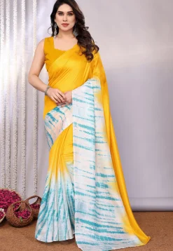 Tie Dye Printed Tussar Silk Saree in Yellow