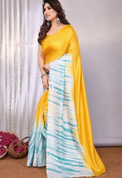 Tie Dye Printed Tussar Silk Saree in Yellow