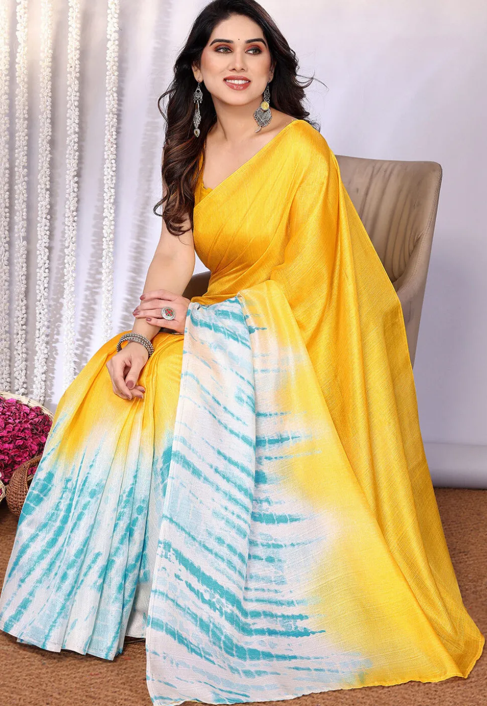 Tie Dye Printed Tussar Silk Saree in Yellow