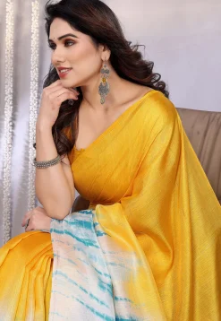 Tie Dye Printed Tussar Silk Saree in Yellow