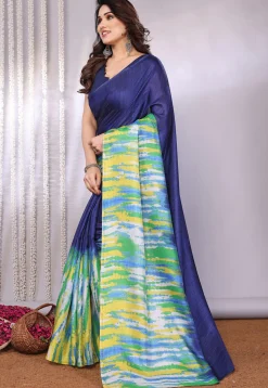 Tie Dye Printed Tussar Silk Saree in Navy Blue