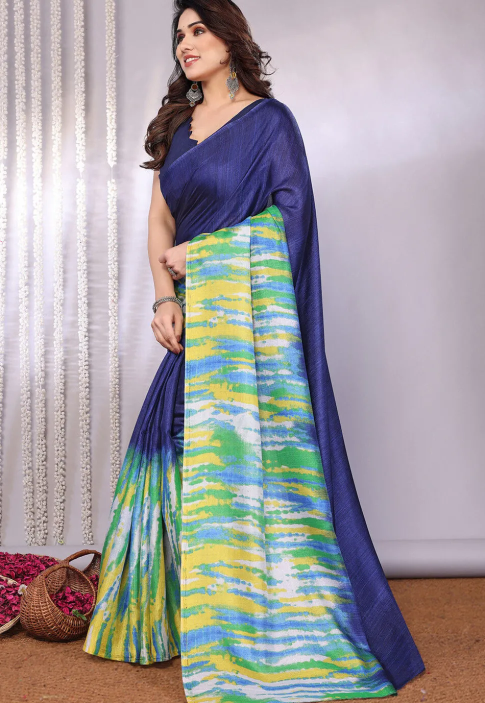 Tie Dye Printed Tussar Silk Saree in Navy Blue