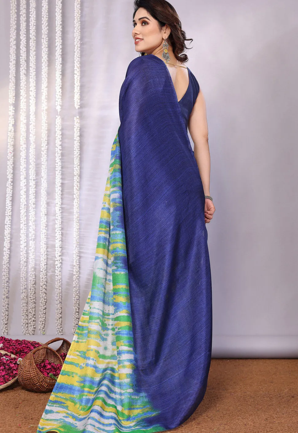 Tie Dye Printed Tussar Silk Saree in Navy Blue