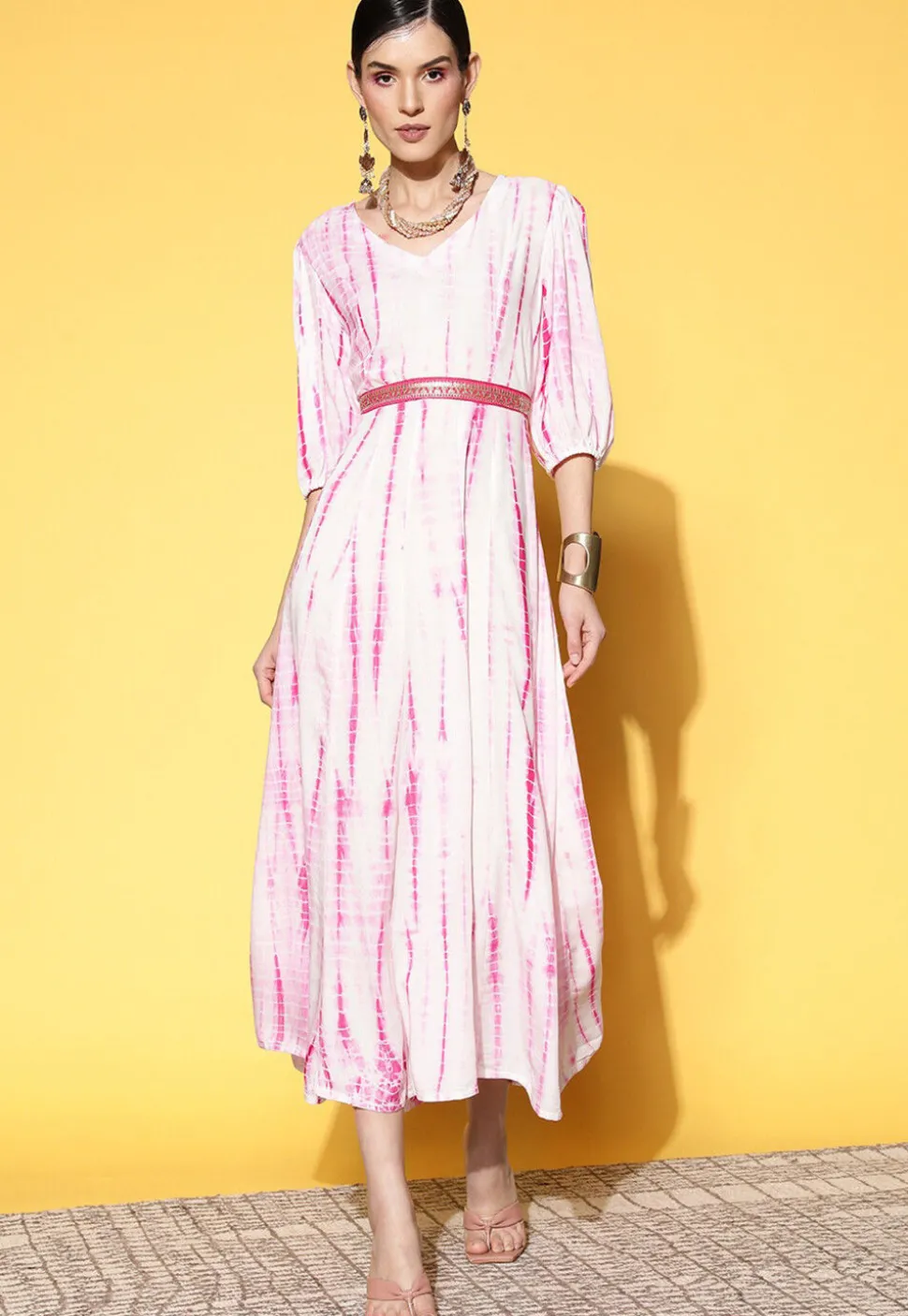 Tie Dye Printed Viscose Rayon Fit N Flare Dress in White