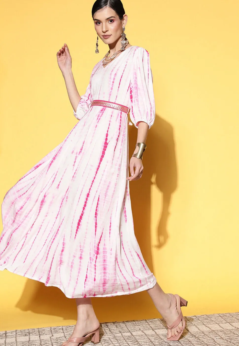Tie Dye Printed Viscose Rayon Fit N Flare Dress in White