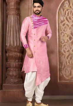 Tie Dyed Art Silk Asymmetric Dhoti Kurta in Pink