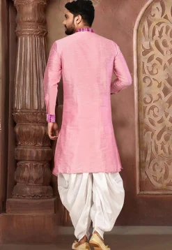 Tie Dyed Art Silk Asymmetric Dhoti Kurta in Pink