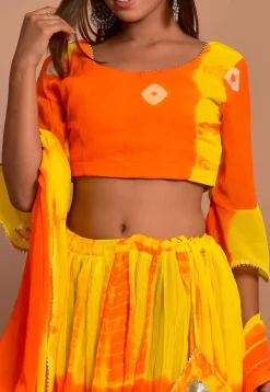 Tie Dyed Chiffon Lehenga in Shaded Orange and Yellow