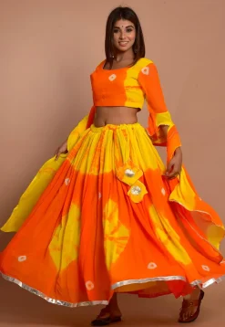 Tie Dyed Chiffon Lehenga in Shaded Orange and Yellow