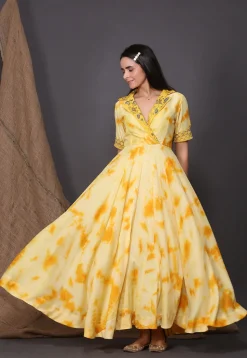Tie Dyed Crepe Tiered Dress in Yellow