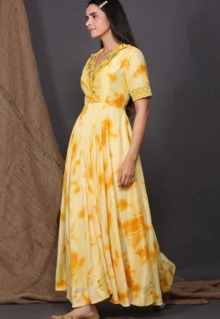 Tie Dyed Crepe Tiered Dress in Yellow