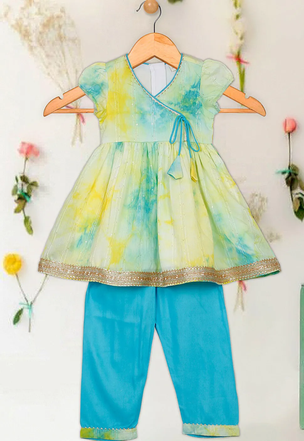Tie Dyed Georgette Kurta Set in Yellow and Blue
