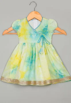 Tie Dyed Georgette Kurta Set in Yellow and Blue