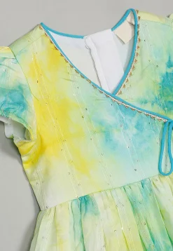 Tie Dyed Georgette Kurta Set in Yellow and Blue