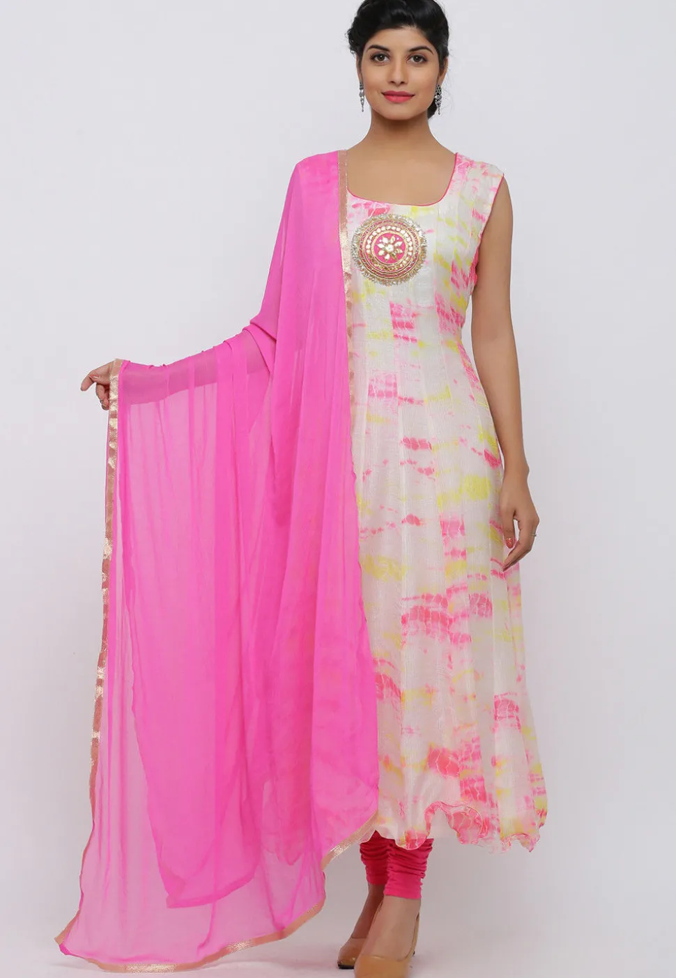 Tie Dyed Pure Kota Silk Anarkali Suit in Off White and Pink