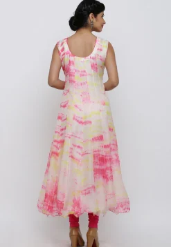 Tie Dyed Pure Kota Silk Anarkali Suit in Off White and Pink