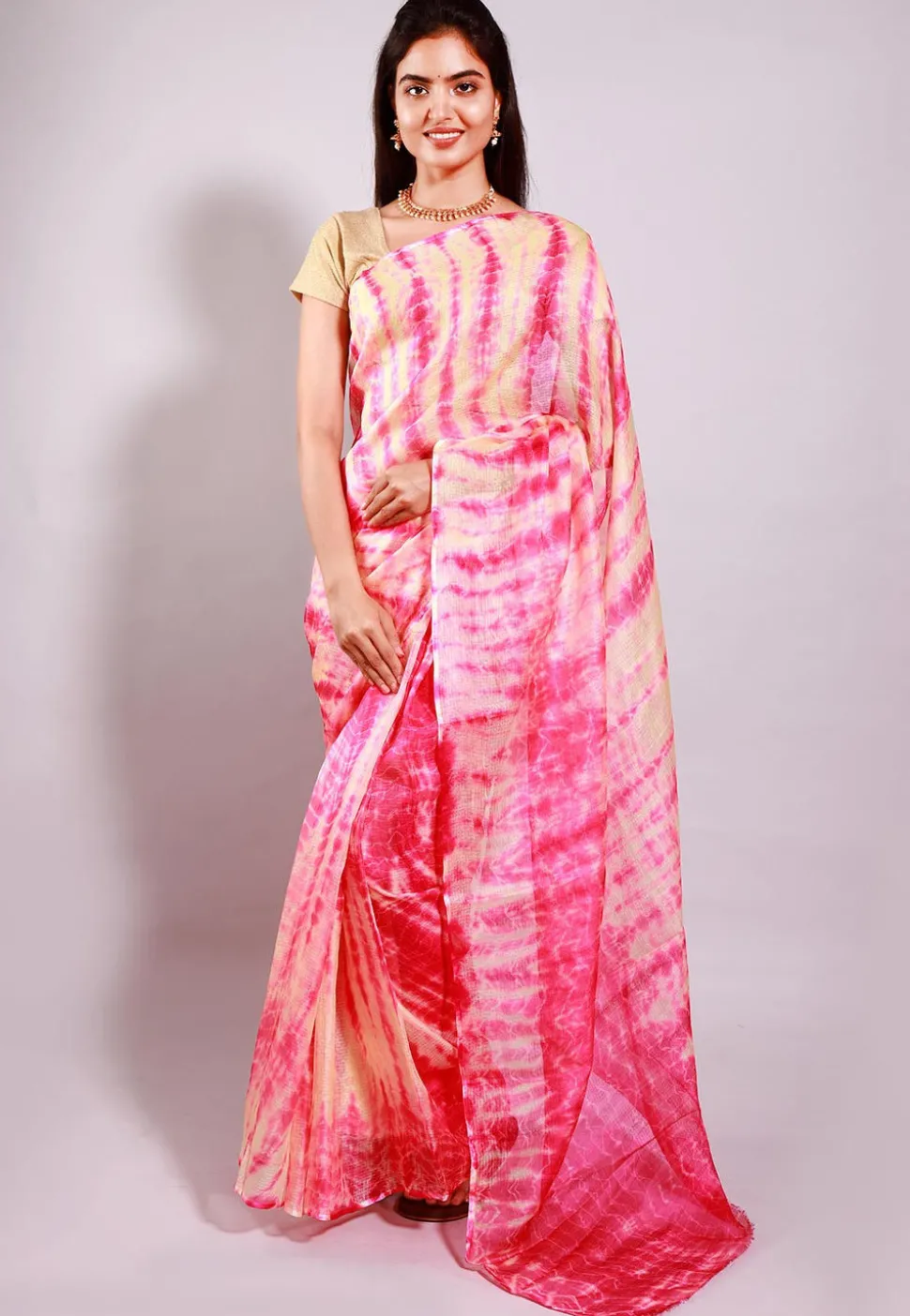 Tie Dyed Pure Kota Silk Saree in Pink and Beige
