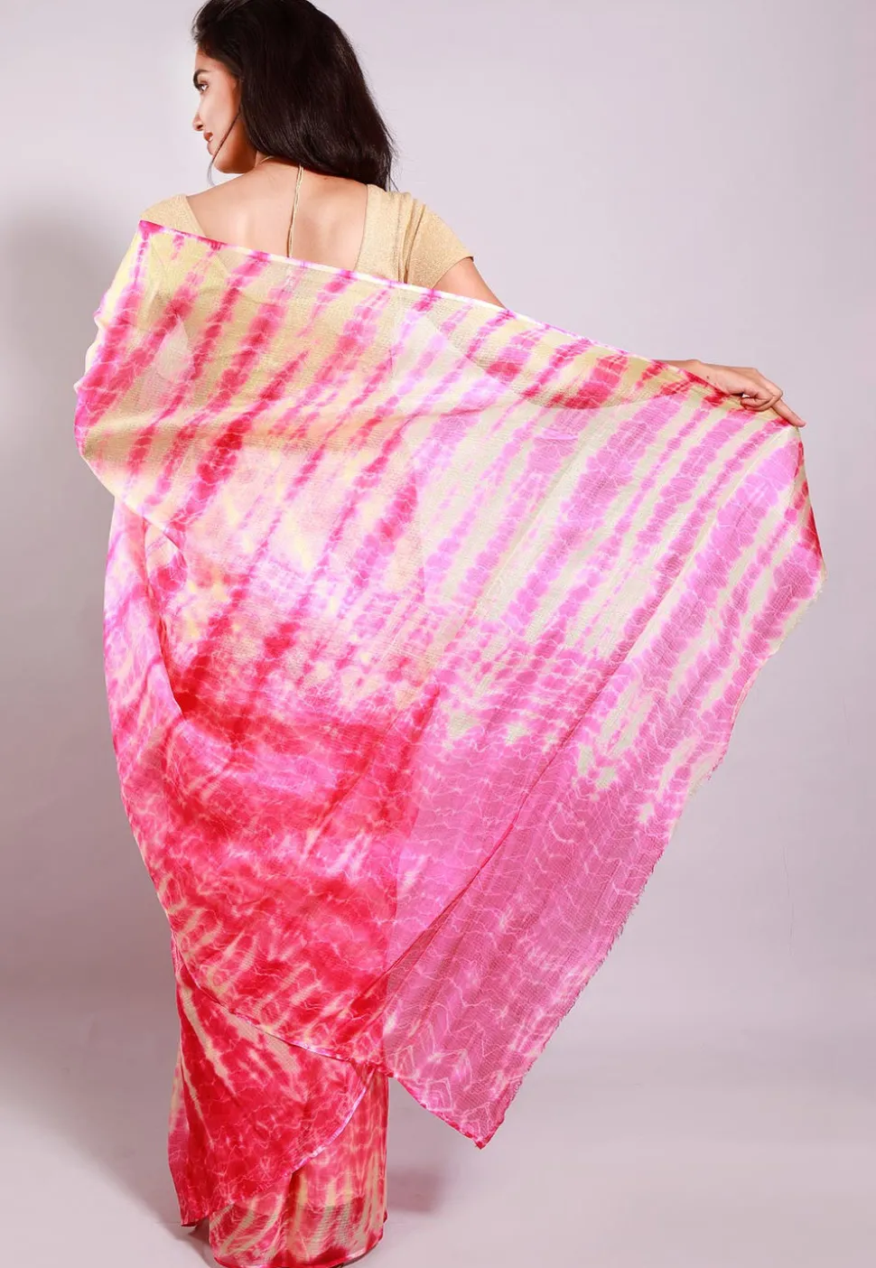 Tie Dyed Pure Kota Silk Saree in Pink and Beige