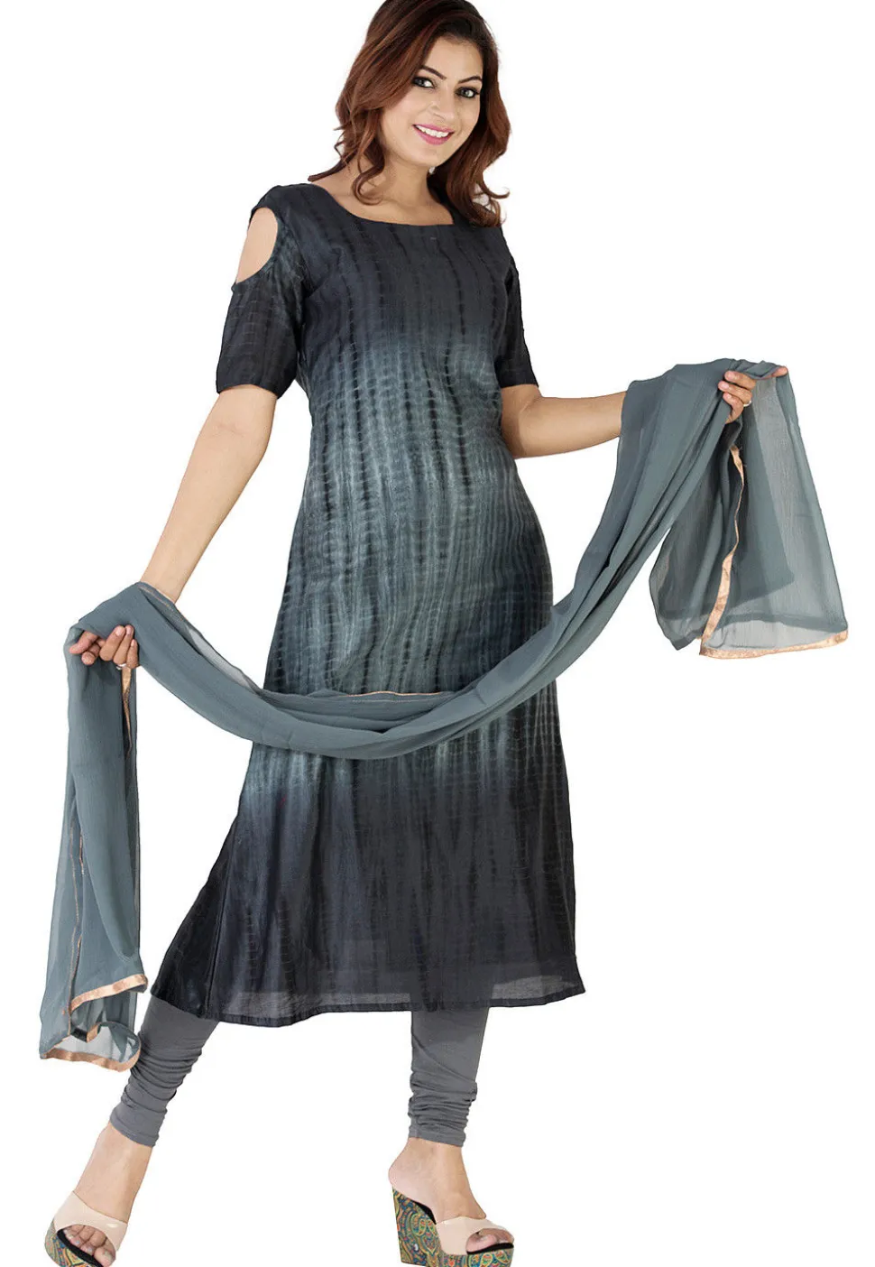 Tie Dyed Pure Silk A Line Suit in Grey Ombre