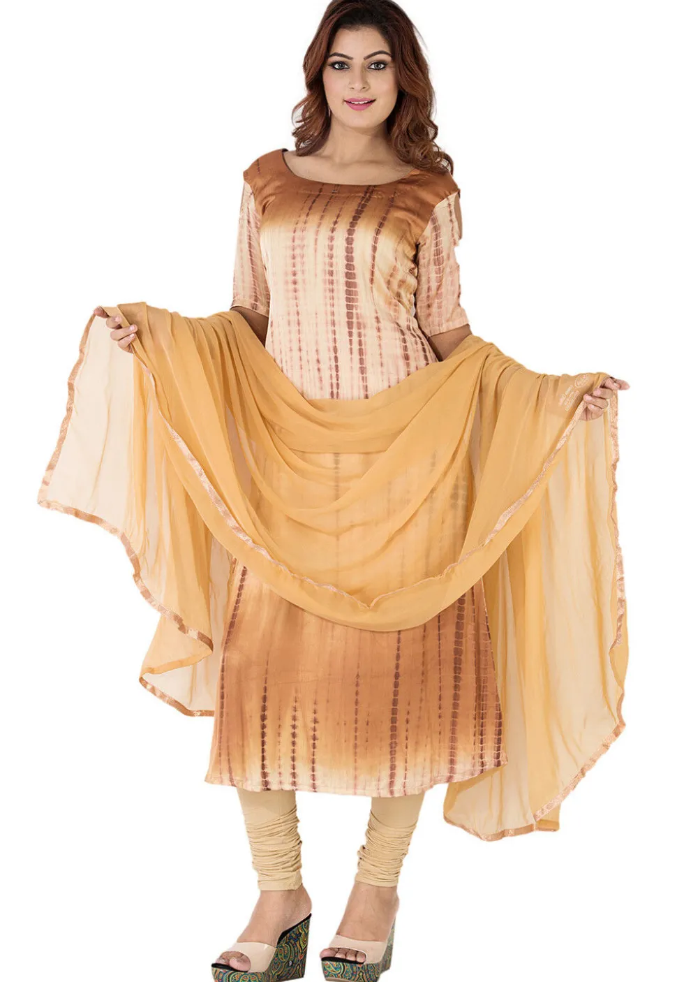 Tie Dyed Pure Silk A Line Suit in Beige Ombre