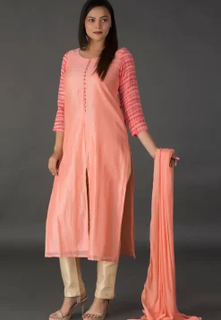 Tie Dyed Sleeve Chanderi Silk Pakistani Suit in Peach