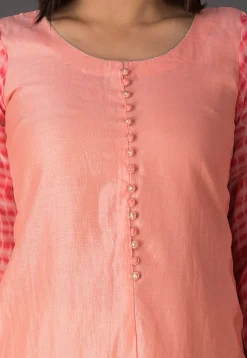 Tie Dyed Sleeve Chanderi Silk Pakistani Suit in Peach